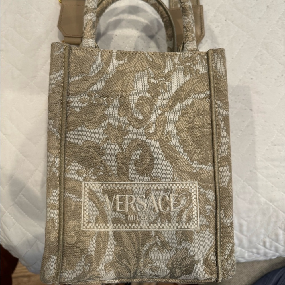 Versace Mini Embroidered Jacquard Tote Bag Beige